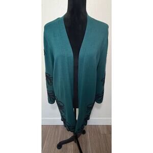 Chico’s Green Cardigan Black Embroidery 3/4 Sleeve Open Front Women’s Sweater